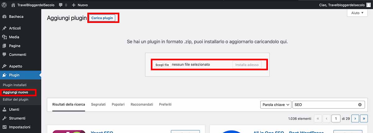 Aggiungi plugin di WordPress in formato zip