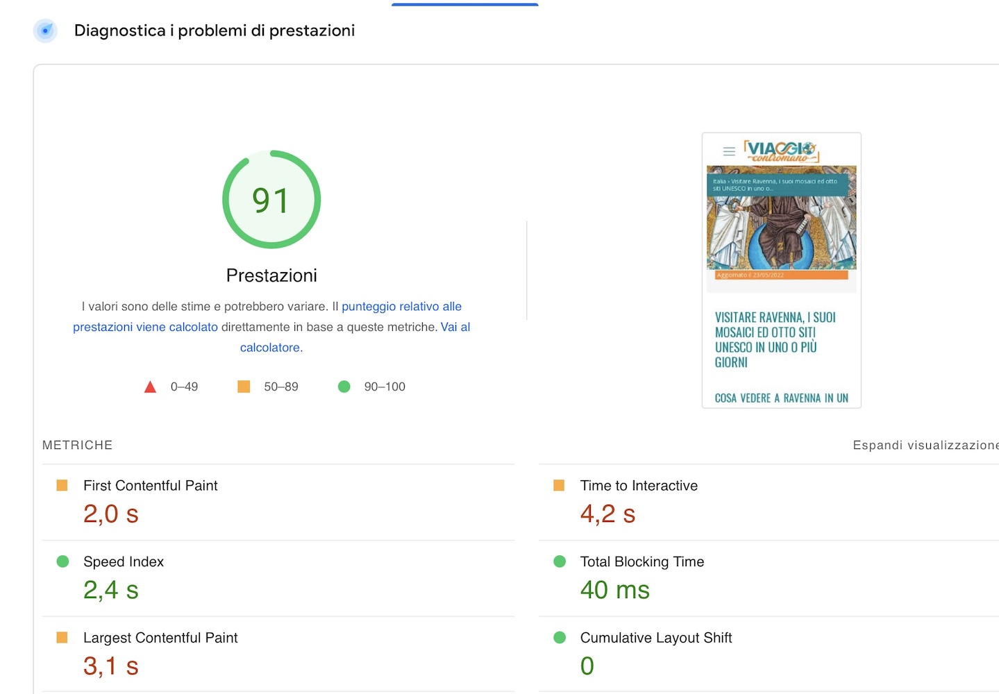 Schermata Google Page Speed Insights 2022-05-24 Alle 07.14.22