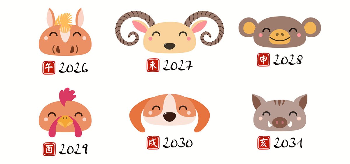 Cavallo, Capra, Scimmia, Gallo, Cane e Maiale animali dello zodiaco cinese