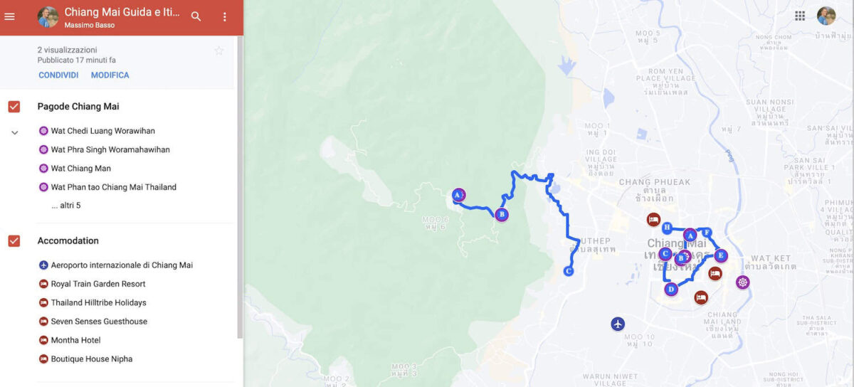 Mappa di Chiang Mai con itinerario di visita