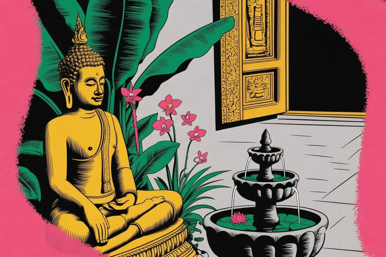 Illustrazione generata da AI per articolo difficile imparare il Thailandese - Immagine di una statua di Buddha seduto in abitazione con piccola fontanella