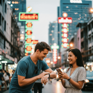 Ragazzo occidentale che chiede l'ora a una ragazza Thai