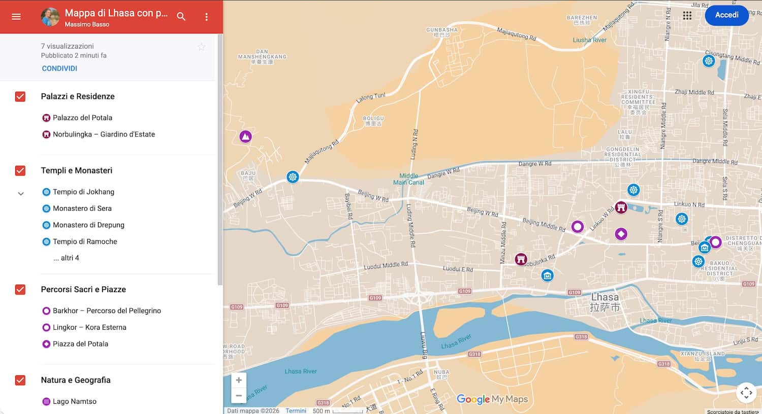 Mappa di Lhasa con punti di interesse