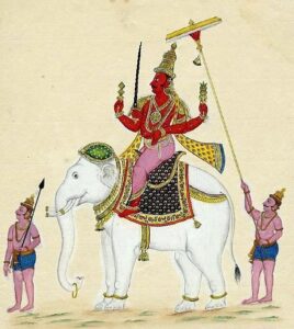 Una stampa del XIX secolo d.C. raffigurante la principale divinità indù Indra mentre cavalca il suo elefante bianco Airāvata e impugna uno scalpello, una spada e un fulmine, a indicare il suo ruolo di re degli dèi e portatore di piogge benefiche. (British Museum, Londra) - Publico Dominio